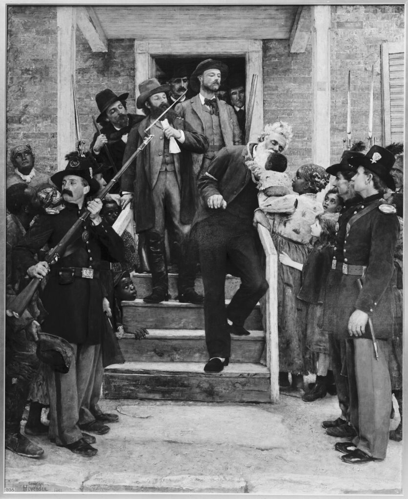 John Brown being greeted by African American families while being escorted to his execution by armed guards.